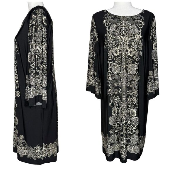 Sandra Darren Dress L Shift Knee Length Black Stretch Flare Sleeve Career Office - Picture 1 of 8
